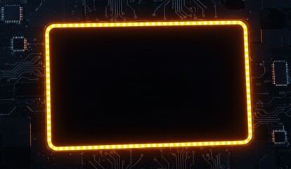 Abstract technology background with glowing neon border and circuit board elements. Concepts include innovation and design.