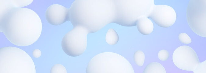 Wall Mural - 3d blob banner with white liquid shapes on blue gradient background. smooth floating spherical objec