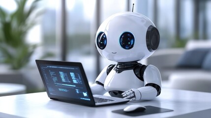 cute white artificial intelligence robot with a Laptop in the office room, office robot, working robot illustration