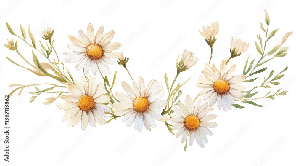 Watercolor daisy floral illustration, chamomile spring flowers clipart ...