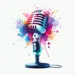 © Irene Kulinchyk - Vintage microphone with colorful watercolor splashes on white background. Digital illustration for music, podcast, radio, and entertainment