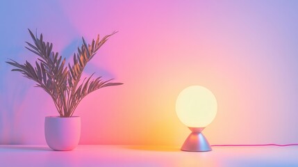 Poster - A bright, glowing lamp on a pastel gradient background, radiating creativity and inspiration in a clean, modern design setting