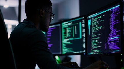 A programmer coding in a modern office, tech-savvy background with multiple monitors and coding software, Tech-style