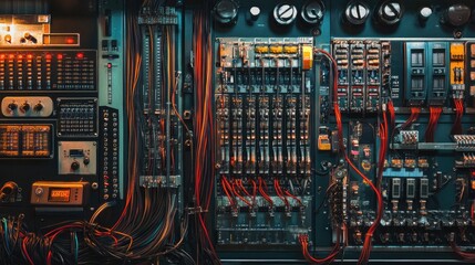 Poster - A close-up of an intricate control panel with a neatly organized, color-coded wiring system and well-structured cable channels, ensuring efficient connectivity and smooth operations