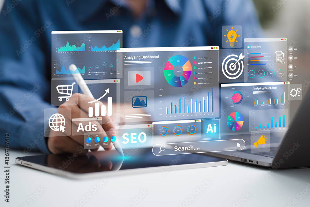 SEO Optimization, web analytics and SEO marketing social media concept ...