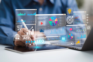 seo optimization, web analytics and seo marketing social media concept. seo search engine analysis o