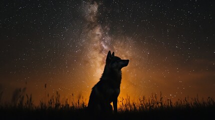 Wall Mural - silhouetted dog gazing at the milky way galaxy under a starry night sky.