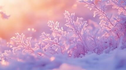 Wall Mural - frost-covered plants at sunrise, soft pink and white tones.