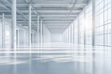  Sunlit, spacious, white industrial interior with large windows and high ceilings.