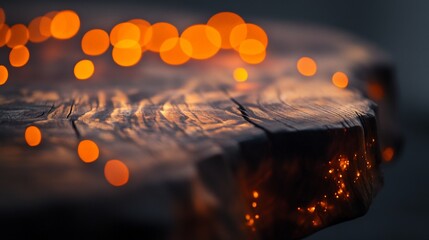 Wall Mural - rustic wooden surface with warm bokeh lights.