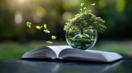 Poster - futuristic 3D book with holographic green earth and floating butterflies creates magical scene. tree growing from globe symbolizes nature and knowledge