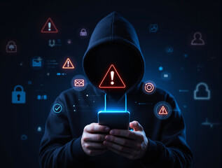 hooded figure holding phone with warning signs and digital threat icons, glowing tech style on dark 