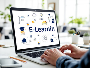 Hands typing on laptop with e-learning screen, flat style icons, in modern office background. Concept of online education and distance learning. Ai generative