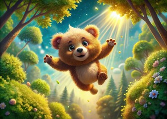 Adorable Cartoon Bear Aerial View:  High-Flying Forest Fun