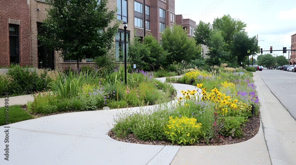 Lush green urban rain garden with diverse vegetation and plants ...