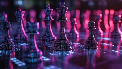 Wall Mural - futuristic chess game on a glowing circuit board representing strategy and advanced technology battl