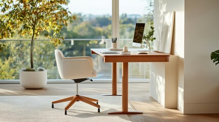 Poster - An interior office space with wooden desk and textured chair with bright natural lighting from large windows showcasing outdoor greenery