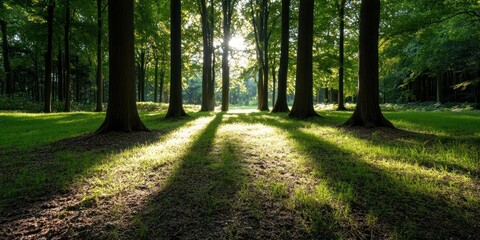 Aufkleber - Sunlight filters through tall trees casting long shadows on green grass creating a peaceful forest scene during daytime with lush foliage