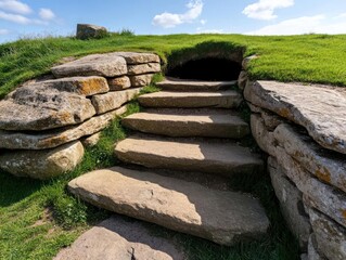 Poster - Stone stairway leading to a dark tunnel entrance on grassy hill under blue sky with sunlight. Ancient architecture stone construction in natural environment
