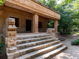 Poster - Ancient stone building with stairs and columns under the sunlight surrounded by lush green foliage