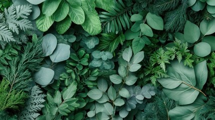 Aufkleber - Overhead view of assorted green foliage including leaves and branches creating a dense natural texture with varying shades and textures