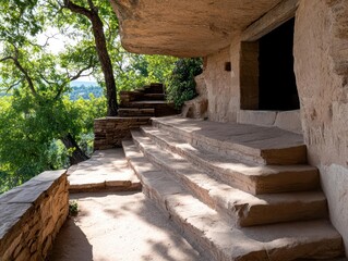 Aufkleber - Stone structure with steps leading to an entrance in nature with trees and blue sky visible