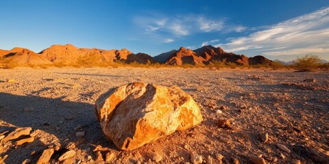 Aufkleber - Golden hour desert landscape with rocky terrain featuring a large textured rock and mountains under a blue sky