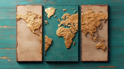 Leinwandbilder - Three-piece artwork of world map with metallic gold continents on distressed turquoise and beige backgrounds set on weathered wood surface