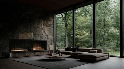 Poster - Modern living room interior with large windows overlooking a forest. Featuring a fireplace and cozy seating arrangement. Warm lighting and natural textures create a relaxing atmosphere