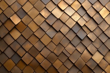 Poster - Abstract background of textured copper square tiles arranged diagonally creating a repeating pattern and reflecting warm light