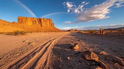 Poster - A desert landscape with a rainbow and a large rock formation illuminated by sunlight. A dirt road leads towards the formation under a blue sky with clouds