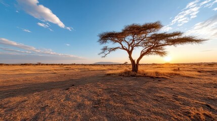 Aufkleber - A lone tree stands in a vast dry grassland at sunset under a cloudy sky. The warm light bathes the landscape in orange hues
