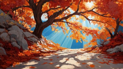 Aufkleber - Path through autumn foliage with sunlight beaming through branches and vibrant orange leaves. A stone path is lit and is surrounded by color