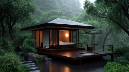 Aufkleber - Rain-soaked wooden deck leads to a zen cabin nestled in a lush green forest with soft lighting through glass walls. A calm and serene environment