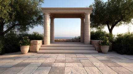 Poster - Stone structure with columns and steps overlooking the ocean Trees and flowers frame the opening Sunlight creates a warm atmosphere with soft shadows