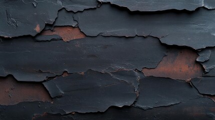 Poster - Close up of peeling black paint on a rusty surface revealing an underlying orange layer showing textures and damage