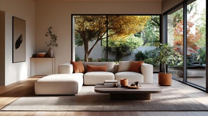 Poster - Cozy living room with white sectional sofa dark wooden coffee table decorative pillows and large windows overlooking a garden with autumn foliage. Warm sunlight illuminates the space