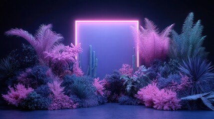 Aufkleber - Abstract scene with pixelated plants, glowing neon square in the center, purple and blue hues, dark background, and textured surface. Futuristic and modern aesthetic