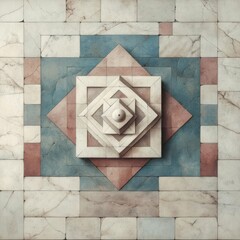 Leinwandbilder - Geometric pattern with layered square pyramids in blue red and beige tones creating a symmetrical design on stone background
