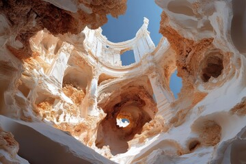 Poster - Abstract cubic structure with a central opening and intricate patterns in off-white and brown tones against a blue sky background. The image showcases an architectural or natural formation