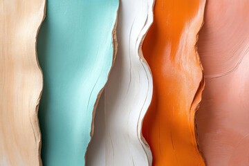 Poster - Vertical abstract composition of torn paper strips in beige turquoise white orange and pink hues with textured surfaces and soft lighting