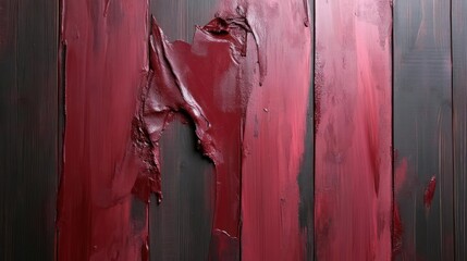 Aufkleber - Close up shot of a weathered wooden surface with peeling dark red paint revealing black beneath. The texture and color contrast create a unique aesthetic