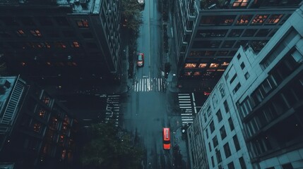 Poster - Aerial view of a city street with towering buildings dark asphalt road with crosswalks and two red vehicles in the urban landscape at dusk
