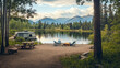 © Mary Salen - Idyllic weekend vacation outdoor camping campground by secluded majestic mountain lake with camper rv picnic table and fire circle mountain landscape nature woodland forest background