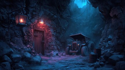 Aufkleber - Entrance to an underground cave lit with lanterns and a vehicle parked in the opening evoking mystery and adventure