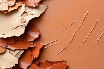 Fototapete - Abstract composition with layered textures and brushstrokes in warm earthy tones. Features torn paper pieces over a smooth surface with diagonal lines. Soft light and shadow play