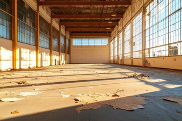 Poster - Interior view of an old abandoned building with large windows and sunlight casting shadows on the floor. Peeling paint and structural beams are visible