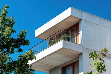 Poster - Modern concrete building with balconies and glass railings against a clear blue sky. Green trees frame the architecture offering a natural contrast