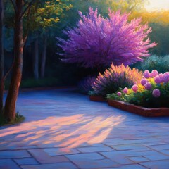 Aufkleber - Garden landscape featuring purple blooming tree flowerbed and stone path bathed in warm sunlight and shadows evoking serenity