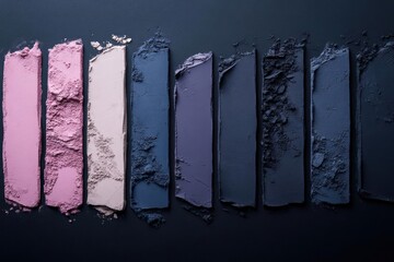 Poster - Palette of colorful eye shadow samples arranged on black background. The image highlights the various textures and shades available for makeup applications